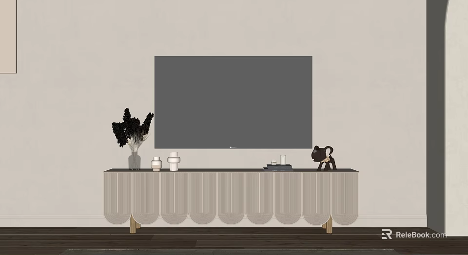 Minimalist TV Stand With Wavy Front Wooden Legs Vase Decorations And TV 3d model 