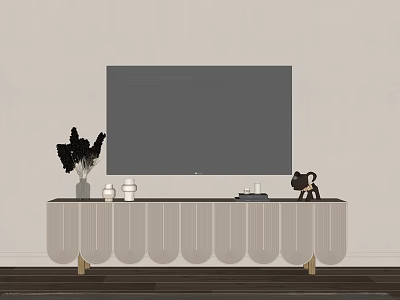 Minimalist TV Stand With Wavy Front Wooden Legs Vase Decorations And TV 3d model