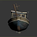 Wooden Boat With Blue Roof Small Cabin White And Blue Stripes And Wooden Pole