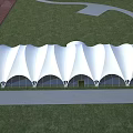 Architectural White Tensile Membrane Structures On Lush Green Grassland Under Cloudy Sky 3d model