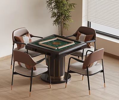 Modern Mahjong Table Setup With Four Chairs Plant And Window View 3d model