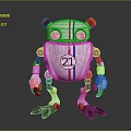 Mechanical Robot Character With White Body Red Blue Stripes Orange Eyes And Number 21