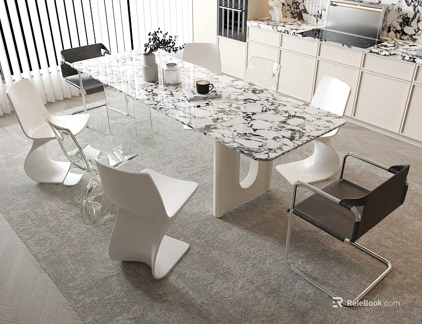 Modern Dining Table Set With Marble Top And White Black Chairs In Open Kitchen 3d model 