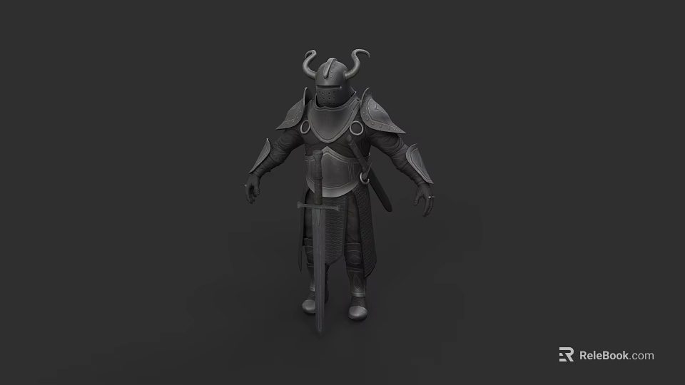 Horned Medieval Fantasy Warrior Game Movie Character In Full Armor With Sword 3d model 