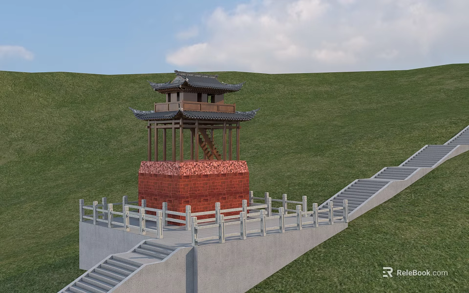 Traditional Chinese Tower Structure On Green Hillside With Red Brick Base And Wooden Roof Design 3d model 