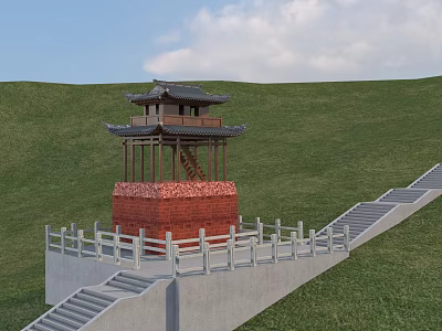 Traditional Chinese Tower Structure On Green Hillside With Red Brick Base And Wooden Roof Design 3d model