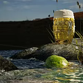 Scenic Water Landscape With Rocks Beer Bottle Mug And Green Limes