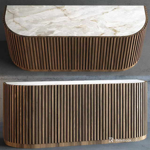 Modern Dining Table with Marble Top and Vertical Wooden Slatted Base 3d model