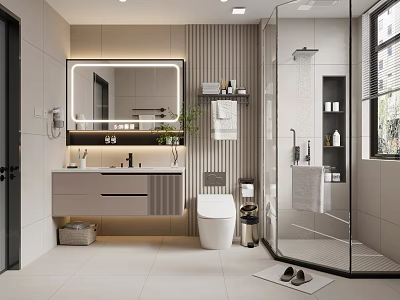 Modern Bathroom Interior With Vanity Backlit Mirror Toilet Glass Shower And Plant 3d model