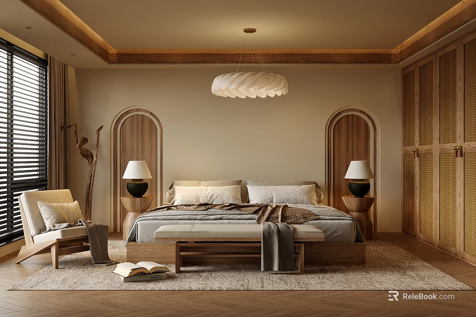 Warm Modern Bedroom Interior With Wooden Arched Doors Bed Nightstands Table Lamps And Pendant Light 3d model 