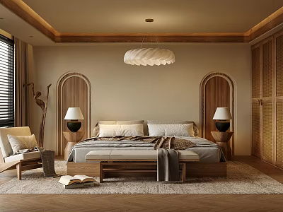 Warm Modern Bedroom Interior With Wooden Arched Doors Bed Nightstands Table Lamps And Pendant Light 3d model