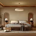 Warm Modern Bedroom Interior With Wooden Arched Doors Bed Nightstands Table Lamps And Pendant Light