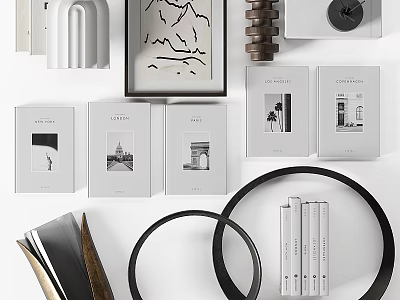 Modern Decorative Ornament Set With Minimalist Photo Frames Circular Decor And Stacked Books 3d model