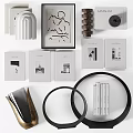 Modern Decorative Ornament Set With Minimalist Photo Frames Circular Decor And Stacked Books