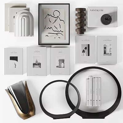 Modern Decorative Ornament Set With Minimalist Photo Frames Circular Decor And Stacked Books 3d model