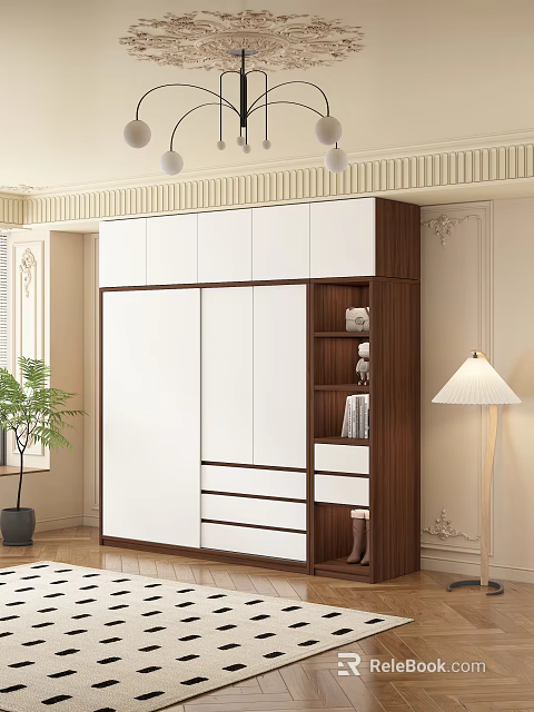 Modern Wardrobe Interior With White Sliding Doors Dark Brown Frame Drawers And Open Shelves 3d model 