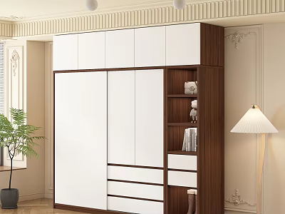Modern Wardrobe Interior With White Sliding Doors Dark Brown Frame Drawers And Open Shelves 3d model