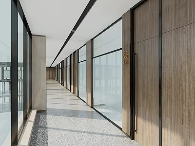 Modern Office Corridor Interior With Glass Doors Wooden Walls And Textured Floor 3d model