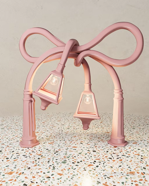 Pink Curved Street Lamps Photo Spot With Two Lamp Shades And Colorful Pebble Floor 3d model 
