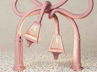 Pink Curved Street Lamps Photo Spot With Two Lamp Shades And Colorful Pebble Floor 3d model