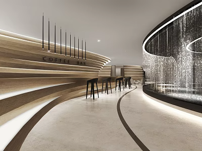 Modern Hotel Lobby With Coffee Bar Curved Design Wooden Walls And Waterfall Feature 3d model
