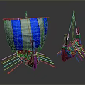 Ancient Water Vessels With Blue And White Sails And Multiple Oars