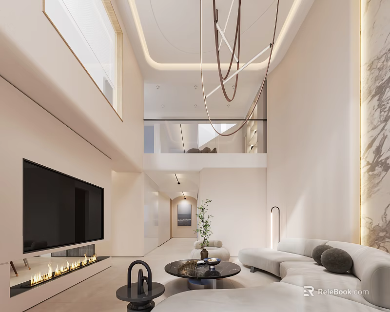 Modern Duplex Living Room with Fireplace and Pendant Lights 3d model 