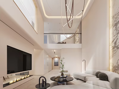 Modern Duplex Living Room with Fireplace and Pendant Lights 3d model