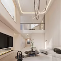 Modern Duplex Living Room with Fireplace and Pendant Lights