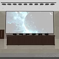 Spacious Meeting Room With Large Cosmic Planet Screen Dark Wooden Table And Podium