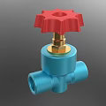 Blue Industrial Valve Design With Red Wheel And Golden Connection Components