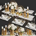 Elegant Dining Table Set With White Flower Bouquets Gold Decorative Items Tableware And Marble Placemats