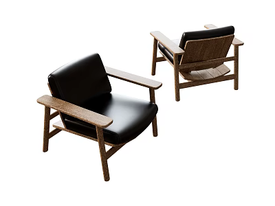 Modern Minimalist Single Sofa With Black Leather Seat And Wooden Armrests 3d model