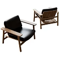 Modern Minimalist Single Sofa With Black Leather Seat And Wooden Armrests