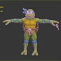 3D Rendered Ninja Turtle Green Body Blue Headband Yellow Shell Brown Strap Weapon Outstretched Arms