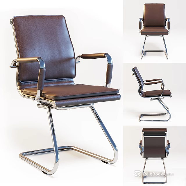 Modern Brown Leather Office Table Chair Set With Metal Frame And Chrome Armrests 3d model 