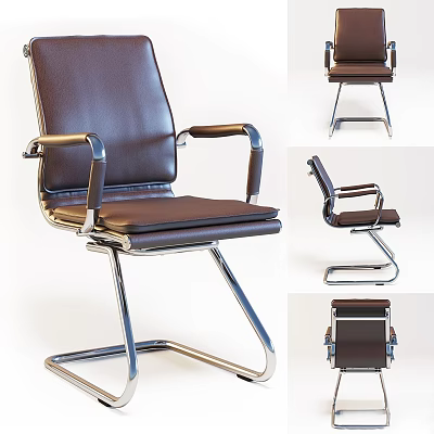 Modern Brown Leather Office Table Chair Set With Metal Frame And Chrome Armrests 3d model
