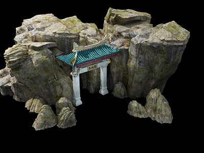 Traditional Entrance Gate Set In Rocky Landscape With Green Roof And White Pillars 3d model