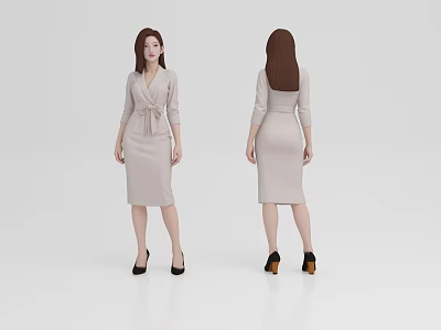 Woman Wearing Beige Wrap Dress With Belt And Black High Heels Front Back Views 3d model