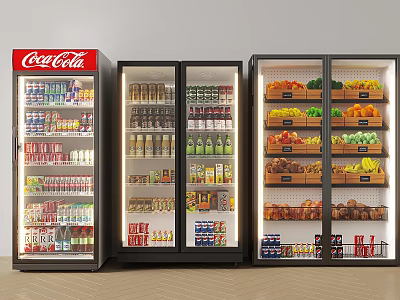 Commercial Display Refrigerators In Store With Beverages Fruits And Vegetables On Shelves 3d model