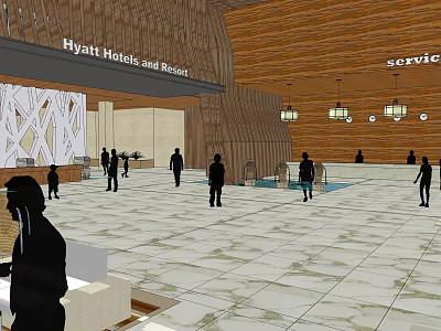 Hyatt Hotel Lobby with Wooden Ceiling Chandeliers Marble Flooring and People Near Service Desk 3d model