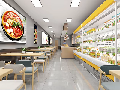 Modern Restaurant Interior With Dining Tables Food Display Cases Bright Lighting And Pizza Posters 3d model