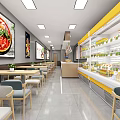 Modern Restaurant Interior With Dining Tables Food Display Cases Bright Lighting And Pizza Posters