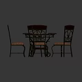 Round Dining Table Set With Red Glass Center Tabletop And Carved Backrest Pink Cushion Chairs