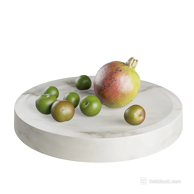 Fresh Pomegranate and Green Fruits Arranged on White Marble Round Plate 3d model 