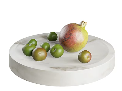 Fresh Pomegranate and Green Fruits Arranged on White Marble Round Plate 3d model