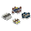 Modern Dining Table Sets With Various Colored Chairs And Decorative Flowers 3d model