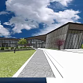 Modern Sales Office Building Exterior Design With Sloped Roof Large Glass Wall And Lawn Path