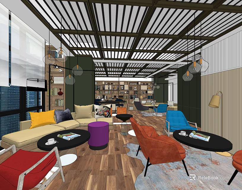 Modern Casual Lounge Interior With Colorful Sofas Chairs Coffee Tables And Bookshelves 3d model 