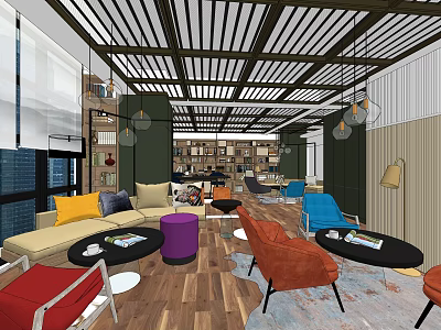 Modern Casual Lounge Interior With Colorful Sofas Chairs Coffee Tables And Bookshelves 3d model